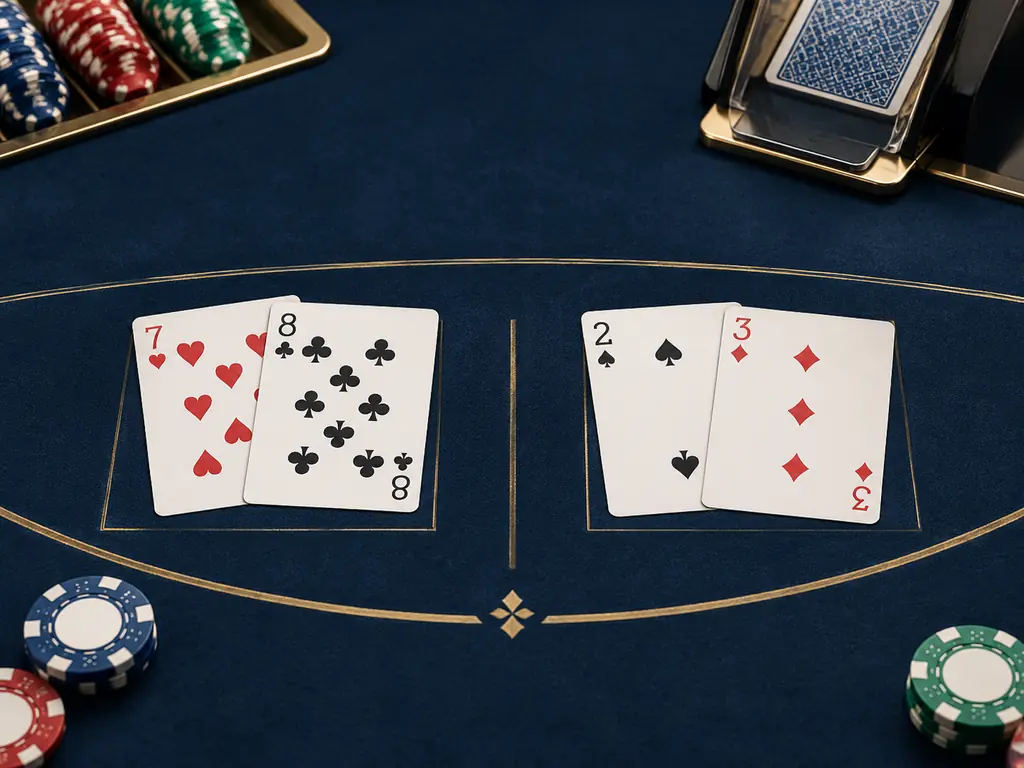 Dua kelompok kartu terbuka di atas kain meja baccarat