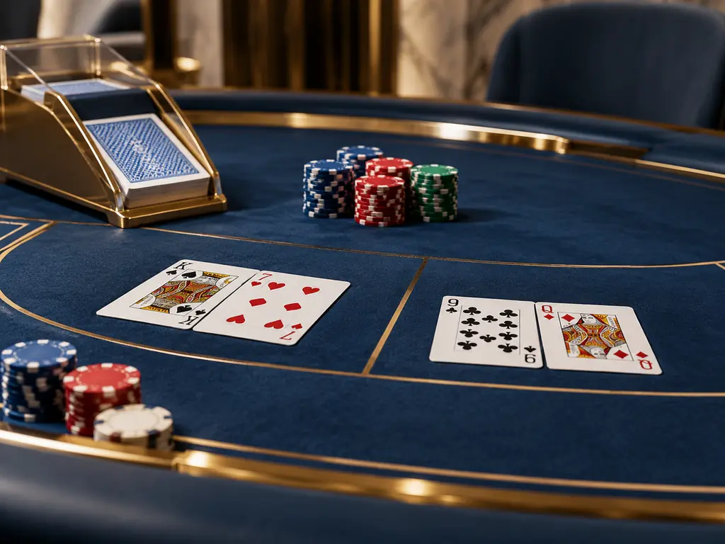 Kartu dan sepatu pembagi kartu pada meja baccarat