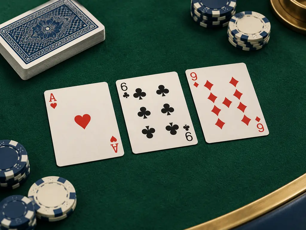 Kartu ace, enam, dan sembilan ditata di kain meja kasino