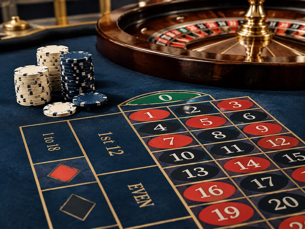 Tata letak angka roulette dan cip di dekat area taruhan
