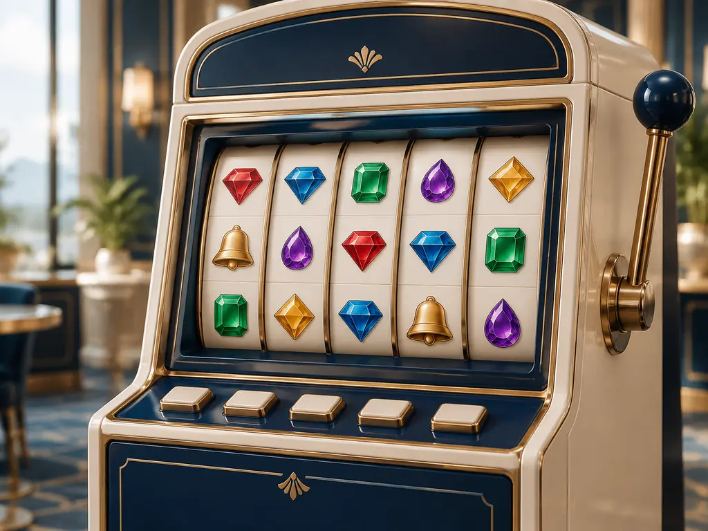 Kabinet slot dengan simbol permata dalam suasana kasino